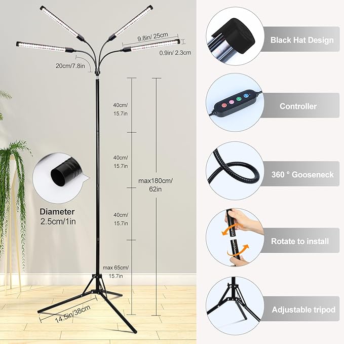 FECiDA 2026 4Head Grow Lights with Upgraded Stand, Standing Grow Lights for Indoor Tall Plants, Bonsai Tree, 4/8/12/16/20 Hr Timer, 36 Watt Power Draw, NO Need Adapter, 24"-72" Height Adjustable
