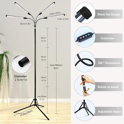 FECiDA 2026 4Head Grow Lights with Upgraded Stand, Standing Grow Lights for Indoor Tall Plants, Bonsai Tree, 4/8/12/16/20 Hr Timer, 36 Watt Power Draw, NO Need Adapter, 24"-72" Height Adjustable