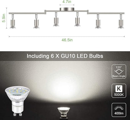 Unicozin LED 6 Light Track Lighting Kit, 46.5'' Matt Nickel 6 Way Ceiling Spot Lighting, Flexibly Rotatable Head, Modern Track Light Included 6 x LED GU10 Bulb (4W, Daylight White 5000K, 400LM)