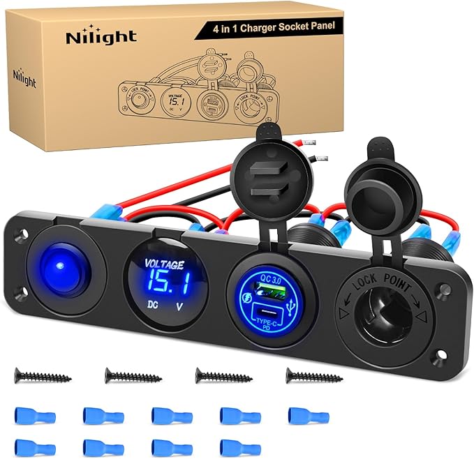 Nilight 4 in 1 ON/Off Charger Socket Panel PD Type C and QC 3.0 USB Power Outlet LED Voltmeter Cigarette Lighter Rocker Toggle Switches for Truck Car Boats RV