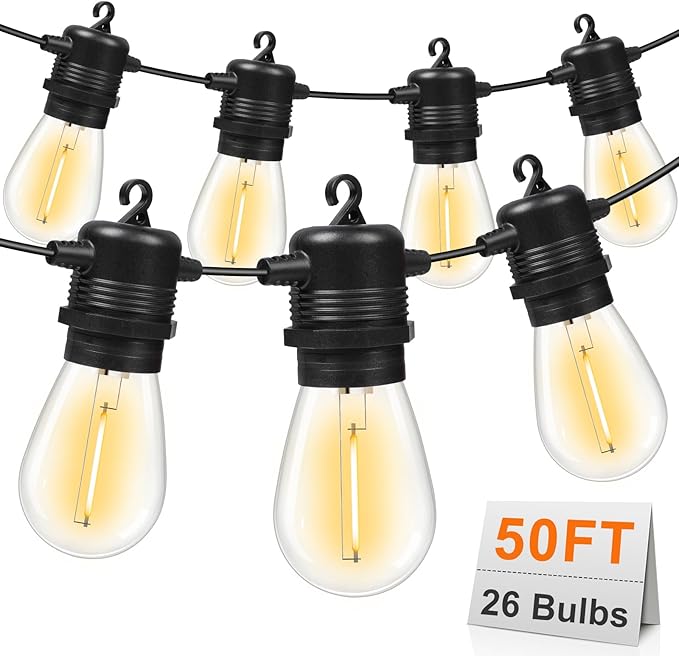 GvvooHome 50FT LED Outdoor String Lights with 26 Shatterproof S14 Edison Bulbs (2 Spare), Dimmable Hanging Outdoor Lights for Backyard, Porch, 2700K Warm White