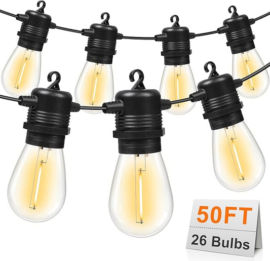 GvvooHome 50FT LED Outdoor String Lights with 26 Shatterproof S14 Edison Bulbs (2 Spare), Dimmable Hanging Outdoor Lights for Backyard, Porch, 2700K Warm White
