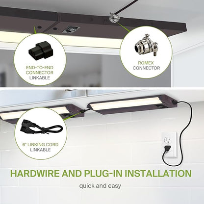 ASD Swivel LED Under Cabinet Lighting Plug in or Hardwired 12 Inch, Dimmable Under Cabinet Lights with High/Low/Off Switch, 3CCT 2700K-4000K, Linkable Under Counter Lights for Kitchen, Bronze, ETL