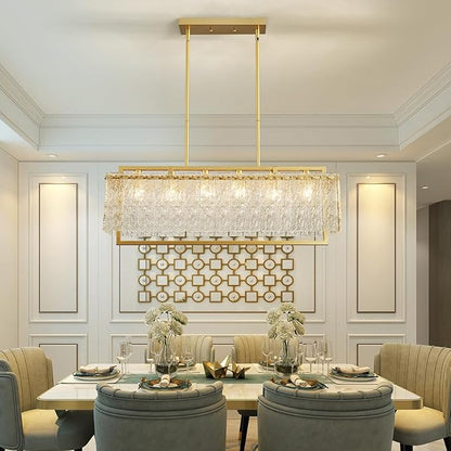 Shrine Lighting Gold Chandeliers, Modern Design, Rectangular Glass Chandelier for Living Space, L30'' × W10'' × H12'', Adjustable 78'', 6 x E12 Sockets, Glass LampShade & Brass Finish Frame