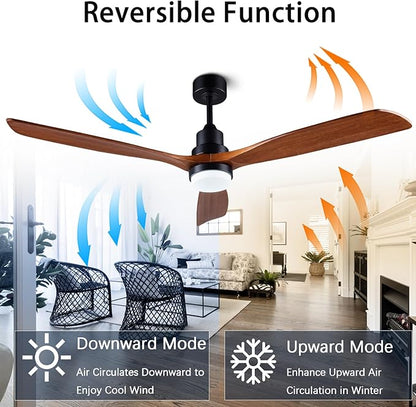 60” Ceiling Fans [with Lighting Remote], Indoor Outdoor Mute, Modern Wooden Ceiling Fan [with 3 Solid Wood Blades] for Patio, Living Room, Bedroom, Hallway.