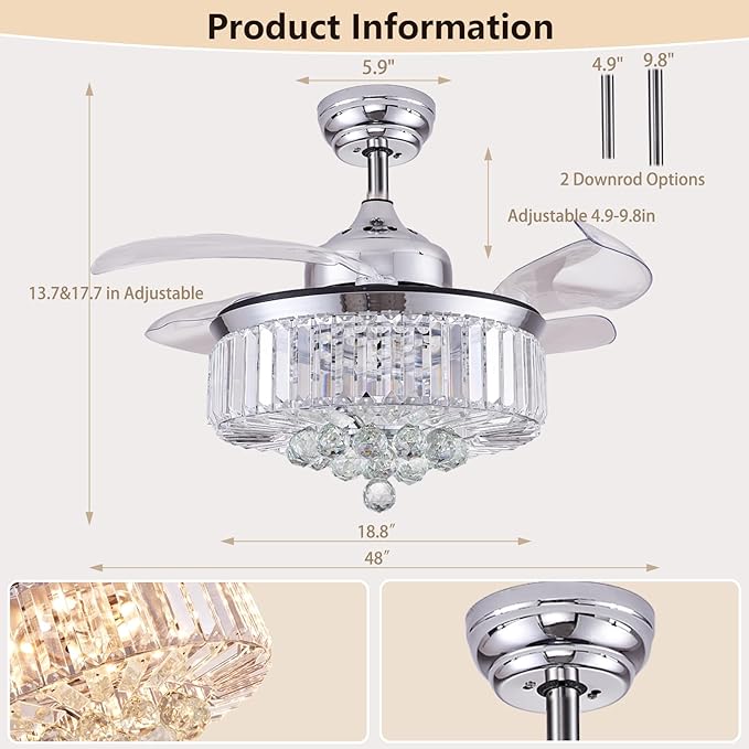 DuMaiWay 48" Dimmable Fandelier Crystal Ceiling Fan with Lights and Remote Modern Invisible Retractable Blades Chandelier Ceiling Fan Light Kit for Bedroom Living Room -Polished Chrome