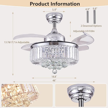DuMaiWay 48" Dimmable Fandelier Crystal Ceiling Fan with Lights and Remote Modern Invisible Retractable Blades Chandelier Ceiling Fan Light Kit for Bedroom Living Room -Polished Chrome