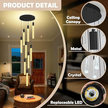 Modern 9-Light Crystal Chandelier – 98" High Ceiling Design Black Dimmable LED Pendant Light for Foyer Living Room Hallway Staircase
