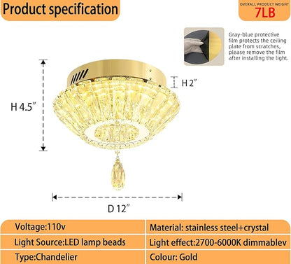 11.8" Mini Gold Crystal Chandelier LED Modern Flush Mount Ceiling Light for Hallway,Bedroom, Kitchen,