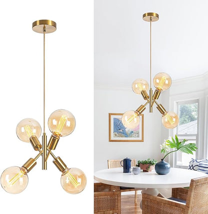 4-Lights Gold Chandelier Fixture Dining Room Light Fixture Over Table Mid Century Modern Chandelier Gold Sputnik Chandelier for Dining Room Living Room, Bedroom, Kitchen