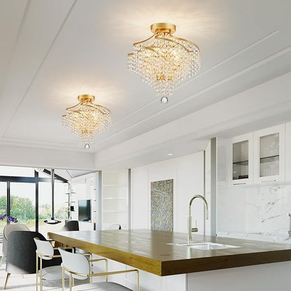 WUZUPS Crystal Chandelier Semi Flushmount Ceiling Light Modern Lighting Fixture for Bedroom Hallway Bar Kitchen Bathroom, H 14.7" x W 14.7", Gold, G9 Base