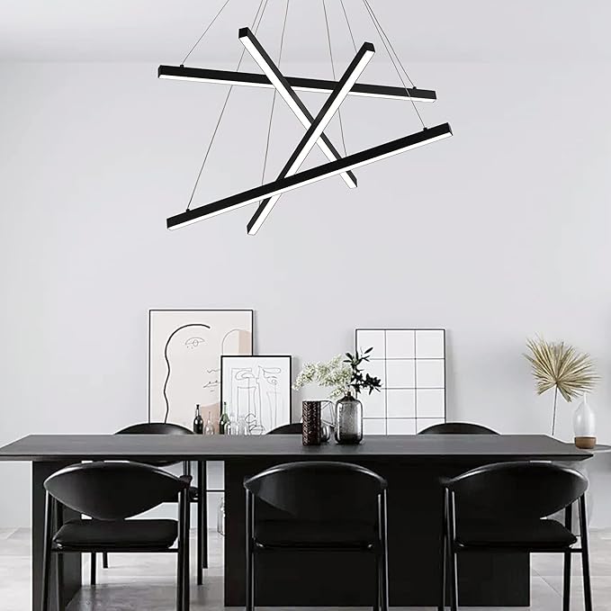 Modern Led Chandelier, High Ceiling Chandelier, Linear Chandelier 4 Lights Black Dimmable Large Pendant Light 51.8“ for Living Room Staircase Entry Foyer Lobby Office Duplex