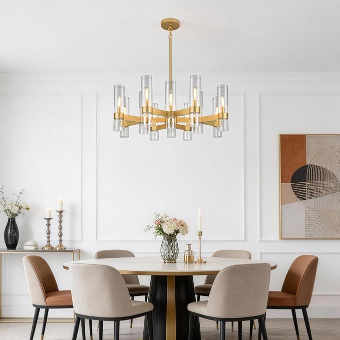 12 Light Gold Chandeliers for Dining Room Light Fixture, Modern Farmhouse Chandelier Over Table, Kitchen Hanging Lighting with Clear Glass Cover for Living Dining Room Kitchen Bedroom Foyer 34"