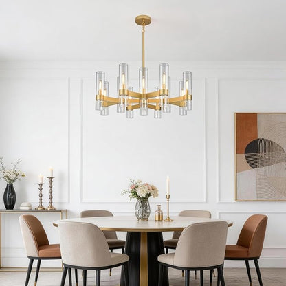 12 Light Gold Chandeliers for Dining Room Light Fixture, Modern Farmhouse Chandelier Over Table, Kitchen Hanging Lighting with Clear Glass Cover for Living Dining Room Kitchen Bedroom Foyer 34"