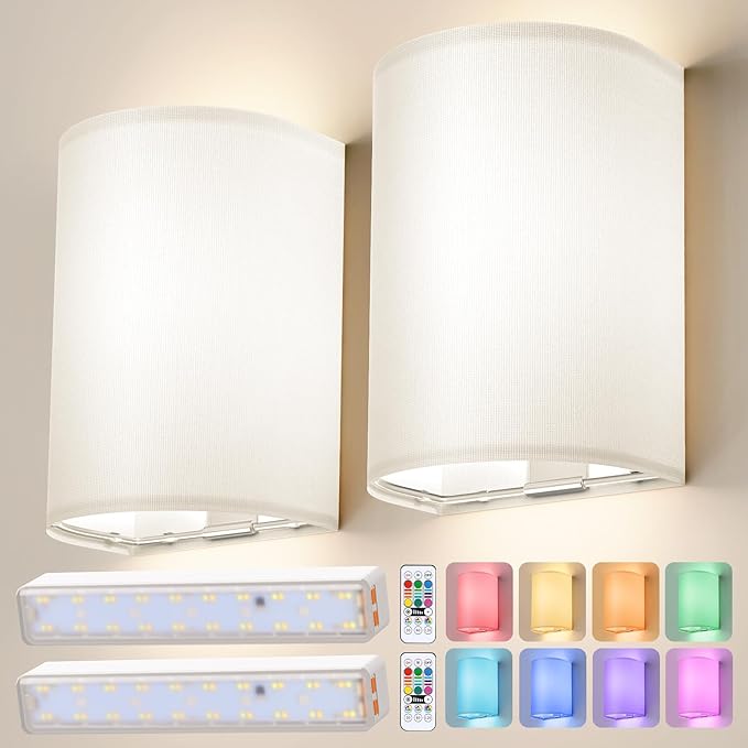 OCATO Battery Operated Wall Sconce: Wireless Wall Sconces Set of Two Battery Operated Magnetic Lamp Rechargeable Lights Dimmable with 16 RGB Colors with Remote Walls Decor for Bedroom Living Room