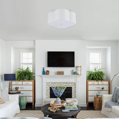 Semi Flush Mount Ceiling Light Fixture, Modern Close to Ceiling Lamp with Cream White Fabric Drum Shade for Nursery Kids Room Bedroom Kitchen Hallway Entryway 4-Light