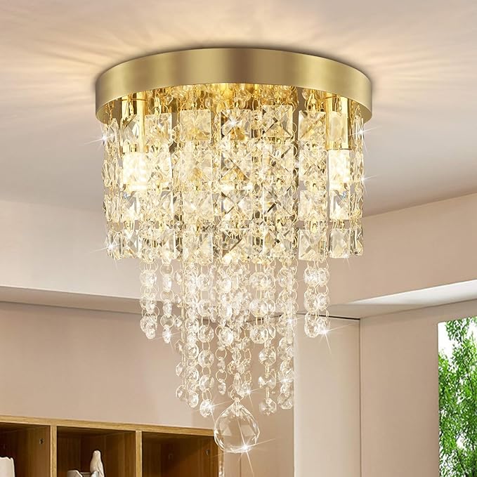 TISLYCO Mini Gold Crystal Chandelier, 3 Light Modern Flush Mount Ceiling Light Fixture, Raindrop Ceiling lamp Beaded Crystal Pendant Lighting for Hallway, Bedroom, Living Room, Dining Room