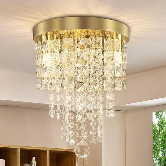 TISLYCO Mini Gold Crystal Chandelier, 3 Light Modern Flush Mount Ceiling Light Fixture, Raindrop Ceiling lamp Beaded Crystal Pendant Lighting for Hallway, Bedroom, Living Room, Dining Room