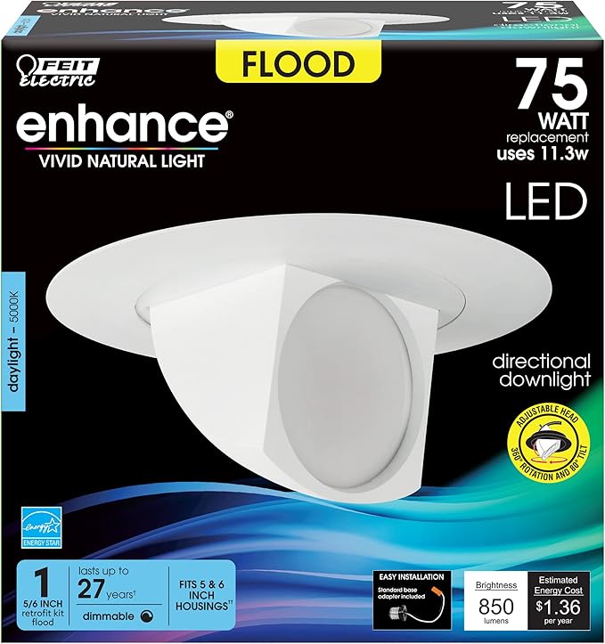 Feit Electric 4 inch Adjustable Scoop Recessed LED Downlight - 5000K Daylight - Dimmable - 65W Equivalent - 45 Year Life - 720 Lumen - High CRI