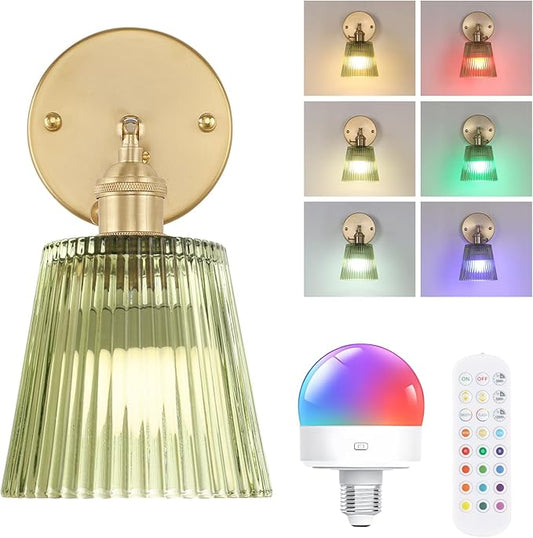 Shenmoyl Vintage Battery Operated Wall Sconce with Green Stripe Glass Lampshade Rechargeable Battery Powered Wall Light with Remote Control for Bedside Bedroom Doorway