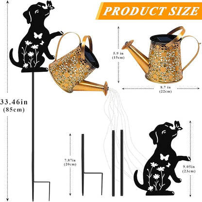 Solar Lights Outdoor Decorative, Watering Can with Cascading Lights, with Dog Silhouette Garden Stakes, Waterproof Metal Garden Decor Mom Christmas Gifts 2 Pack
