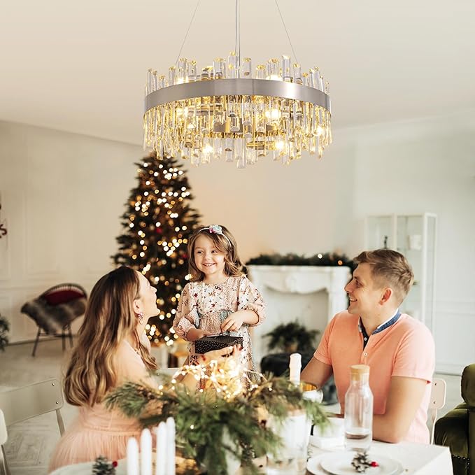 Siljoy Modern Crystal Chandelier 12-Light Brushed Nickel Luxury 2-Tiers K9 Crystal Raindrop Chandelier Dimmable Crystal Ceiling Light for Dining Living Room Kitchen Entryway Foyer D23.6''