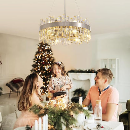 Siljoy Modern Crystal Chandelier 12-Light Brushed Nickel Luxury 2-Tiers K9 Crystal Raindrop Chandelier Dimmable Crystal Ceiling Light for Dining Living Room Kitchen Entryway Foyer D23.6''
