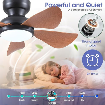 Kviflon 32 Inch Modern Ceiling Fans with Lights, Small Flush Mount Ceiling Fan with Light and Remote/APP Control, 5 Reversible 6 Speeds Curved Blades, 3 CCT Dimmable Lights for Kids Room, Brown