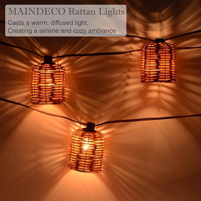 Natural Rattan String Lights, 10 Rustic Raffia Cage, 13 Ft Plug in & Connectable Wicker Lights,Natural Color Rattan