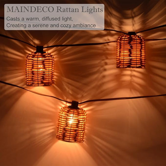 Natural Rattan String Lights, 10 Rustic Raffia Cage, 13 Ft Plug in & Connectable Wicker Lights,Natural Color Rattan