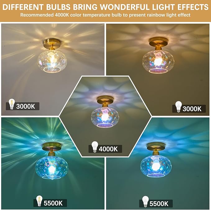 Luafac Vintage Glass Flush Mount Ceiling Light - 2 Pack，7.9 Inch Rainbow Hammered Glass Hallway Light fixtures Ceiling, Gold Semi Flush Mount Ceiling Light for entryway Foyer Laundry Room Kitchen