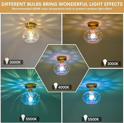 Luafac Vintage Glass Flush Mount Ceiling Light - 2 Pack，7.9 Inch Rainbow Hammered Glass Hallway Light fixtures Ceiling, Gold Semi Flush Mount Ceiling Light for entryway Foyer Laundry Room Kitchen