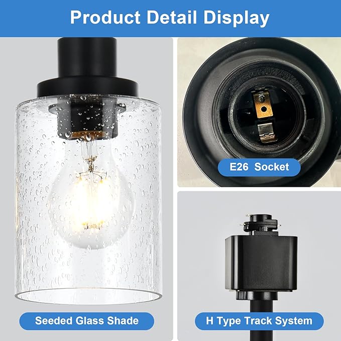 4 Pack H Track Lighting Replacement Heads Black Ceiling Track Lighting Fixtures with Seeded Glass, H Type Tracking Light Heads Multi-Directional Rotating Spotlight Kitchen Island Accent Lights