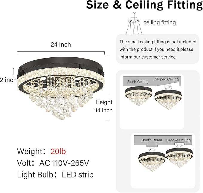 Dia 24" Modern Crystal Chandeliers for Dining Room,Black Raindrop Chandelier Flush Mount Chandeliers for Living Room Bedrooms Dining Room Dimmable 2700k 4500k 6000k