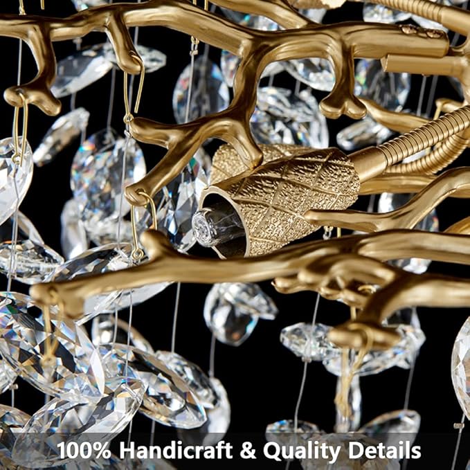 Modern Gold Chandelier Light Fixtures - Dia 31.5 inches Luxury Crystal Chandelier Lighting, Large Kitchen Light Fixture, Led Branch Crystal Chandeliers for Dining Room, Bedroom, Living Room