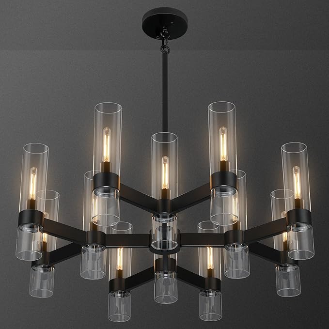 12 Light Black Chandeliers for Dining Room Light Fixtures Over Table, Modern Farmhouse Chandelier with Clear Glass Cover for Living Dining Room Kitchen Island Bedroom Foyer 34"
