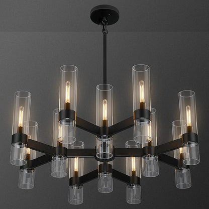 12 Light Black Chandeliers for Dining Room Light Fixtures Over Table, Modern Farmhouse Chandelier with Clear Glass Cover for Living Dining Room Kitchen Island Bedroom Foyer 34"