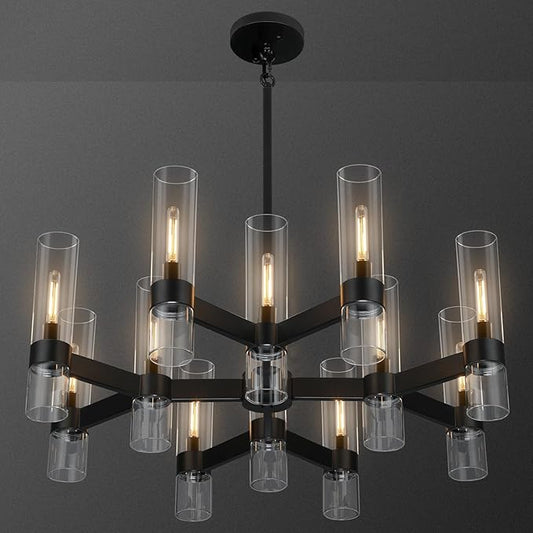 12 Light Black Chandeliers for Dining Room Light Fixtures Over Table, Modern Farmhouse Chandelier with Clear Glass Cover for Living Dining Room Kitchen Island Bedroom Foyer 34"