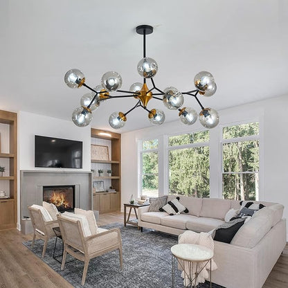 hesoge 15 Light Sputnik Modern Large Chandelier, Mid Century Black and Gold Metal Ceiling Light Fixture with Glass Globe,Pendant Light Hanging for Dining Room Kitchen Living Room Bedroom Foyer.