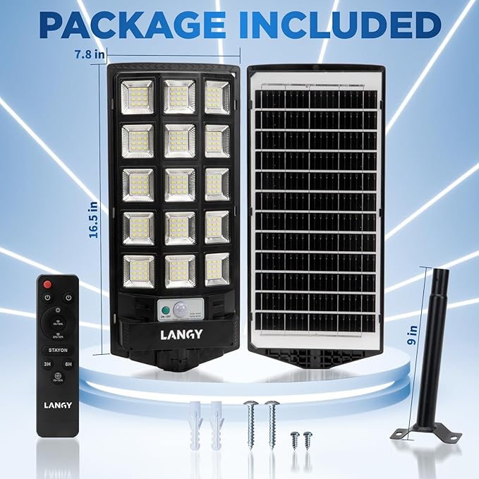 LANGY Solar Street Lights Outdoor Waterproof, 6500K Dusk to Dawn Motion Sensor with Remote Control, LED Security Light for Outside Garden Yard Parking Lot, Flood Lights, 2 Pack