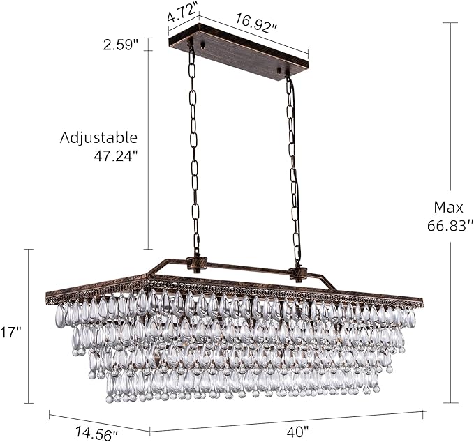 Wellmet Dining Room Crystal Chandelier 40 Inch Antique Bronze Rectangle Chandeliers 7 Lights Farmhouse Hanging Ceiling Large Light Fixtures for Kitchen Island, Living Room, Entryway