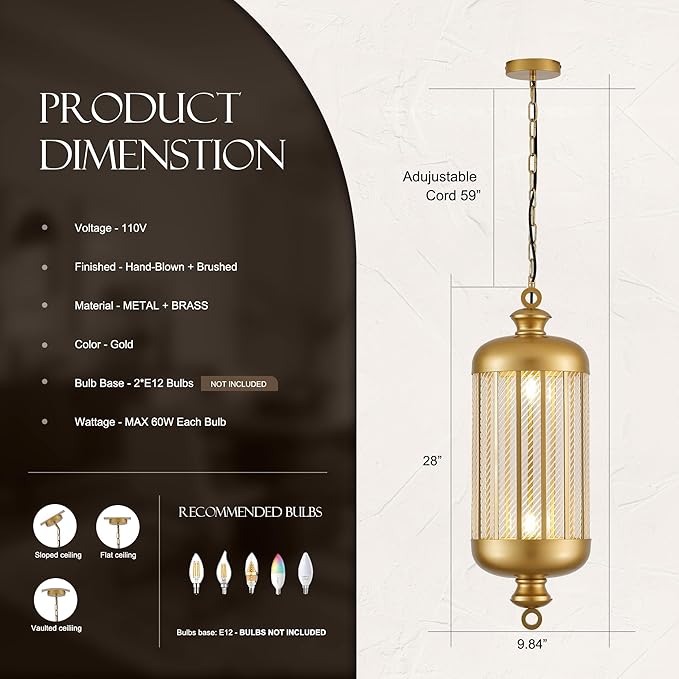 10'' Brushed Gold Pendant Lights Kitchen Island, 2-Light Modern Brass Ceiling Hanging Light Fxitures, Farmhouse Kitchen Pendant Lighting Over Island for Sink Dining Room Bathroom Bar-1 Pack
