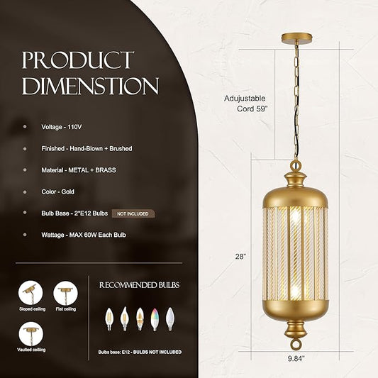 10'' Brushed Gold Pendant Lights Kitchen Island, 2-Light Modern Brass Ceiling Hanging Light Fxitures, Farmhouse Kitchen Pendant Lighting Over Island for Sink Dining Room Bathroom Bar-1 Pack