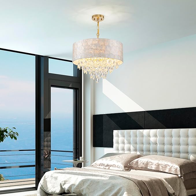 4-Light Drum Capiz Shell K9 Crystal Chandelier, Coastal Style Pendant Light Fixture for Dining Room, Living Room, D17.7 x H21~68 inch (Adjustable), Clear Crystal & Brass Finish