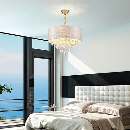 4-Light Drum Capiz Shell K9 Crystal Chandelier, Coastal Style Pendant Light Fixture for Dining Room, Living Room, D17.7 x H21~68 inch (Adjustable), Clear Crystal & Brass Finish