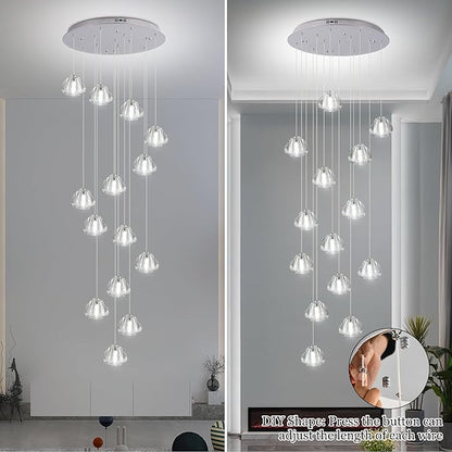 Modern Crystal Chandelier 14-Lights High Ceiling Raindrop Chandelier Lighting Fixture, Large LED Round Indoor Lighting Fixture Chrome for Foyer Staircase Living Room