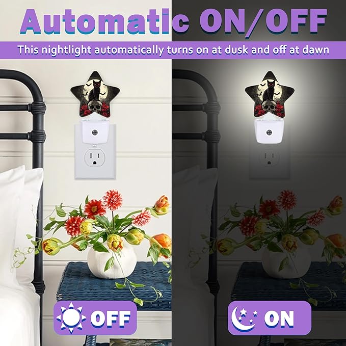 Gothic Black Cat Night Light for Kids,Halloween Skull Bat Rose Flower Night Lights Plug Into Wall, Lightweight Dusk To Dawn Light Sensor Warm Nightlights for Girls Boys Bedroom Nursery Basement