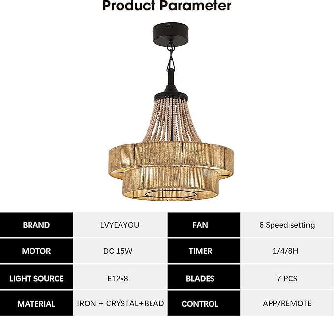 20 inch Boho Chandelier with Fan, Remote and App Control, Double-Layer Drum Shade, 8-Lights Rattan Farmhouse Fandelier for Dining Room, Bedroom, Kitchen