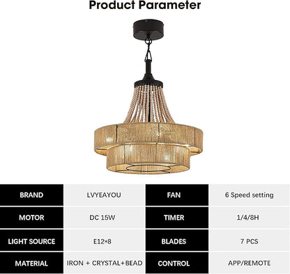20 inch Boho Chandelier with Fan, Remote and App Control, Double-Layer Drum Shade, 8-Lights Rattan Farmhouse Fandelier for Dining Room, Bedroom, Kitchen