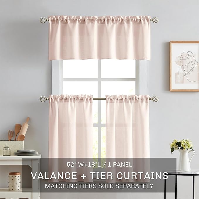Melodieux Light Pink Semi Sheer Curtain Valance for Kitchen Cafe Small Windows Linen Rustic Rod Pocket Valance, 52 by 18 Inch, 1 Panel